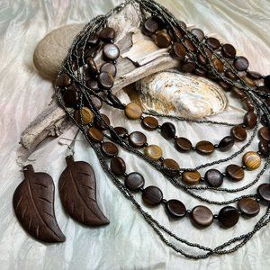 2 Wood Tribal Bohemian Necklaces/Wood Leaf Earrings